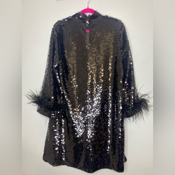 NWOT UNGARO Black Sequin Dress with Feather Cuffs - Picture 5 of 8